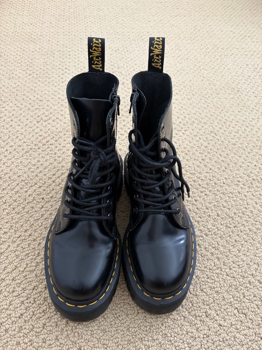 Dr. Martens Black Leather Platform Combat Boots with Yellow Stitching